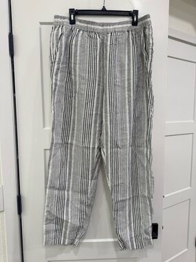 Gray and White Striped Linen-Blend Pants